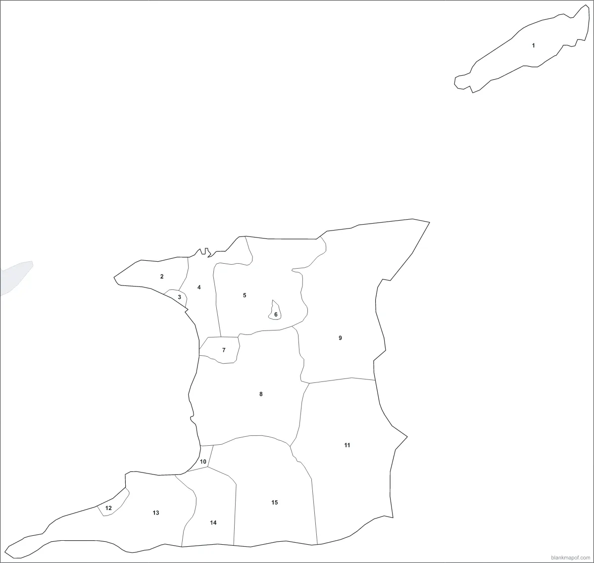 Blank map of Trinidad and Tobago, numbered