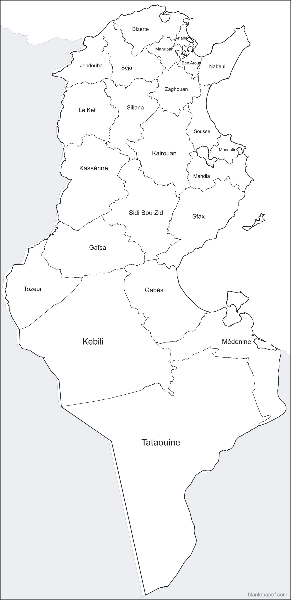 Blank map of Tunisia, labeled