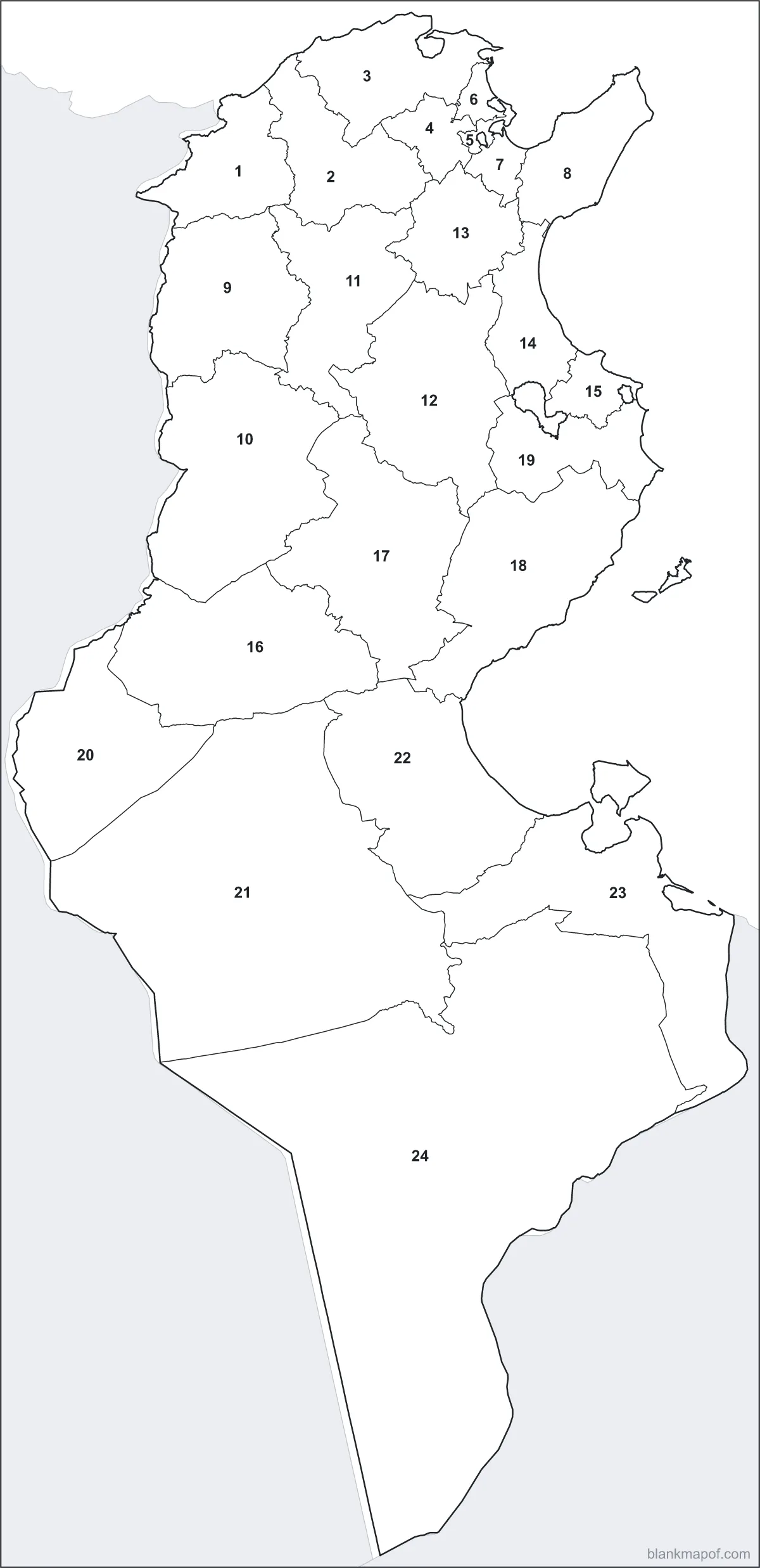 Blank map of Tunisia, numbered