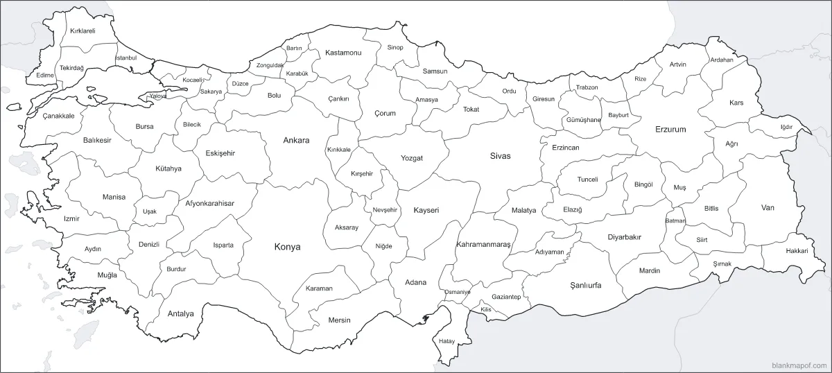 Blank map of Turkey, labeled