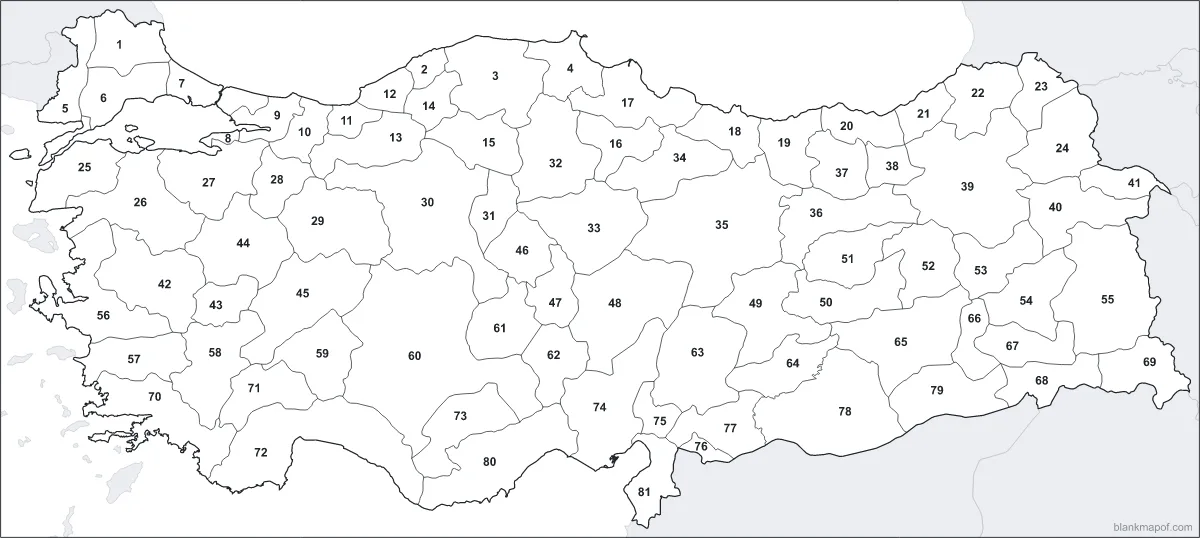 Blank map of Turkey, numbered