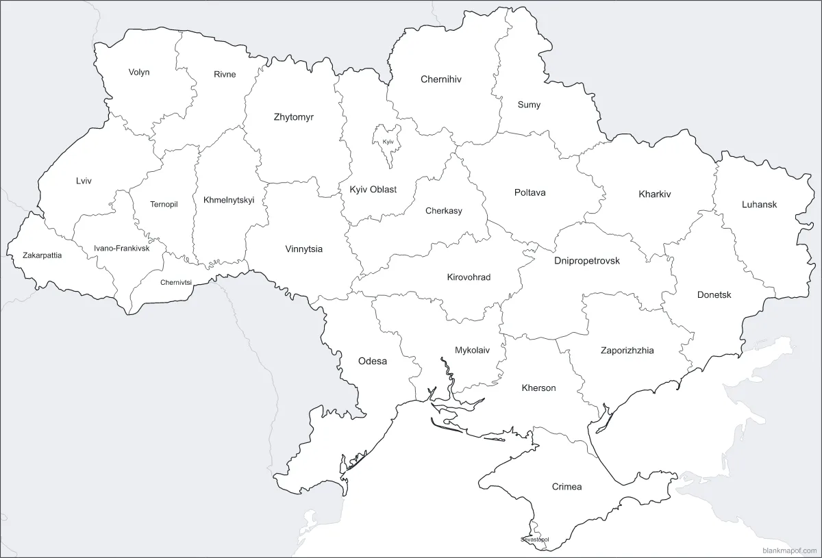 Blank map of Ukraine, labeled