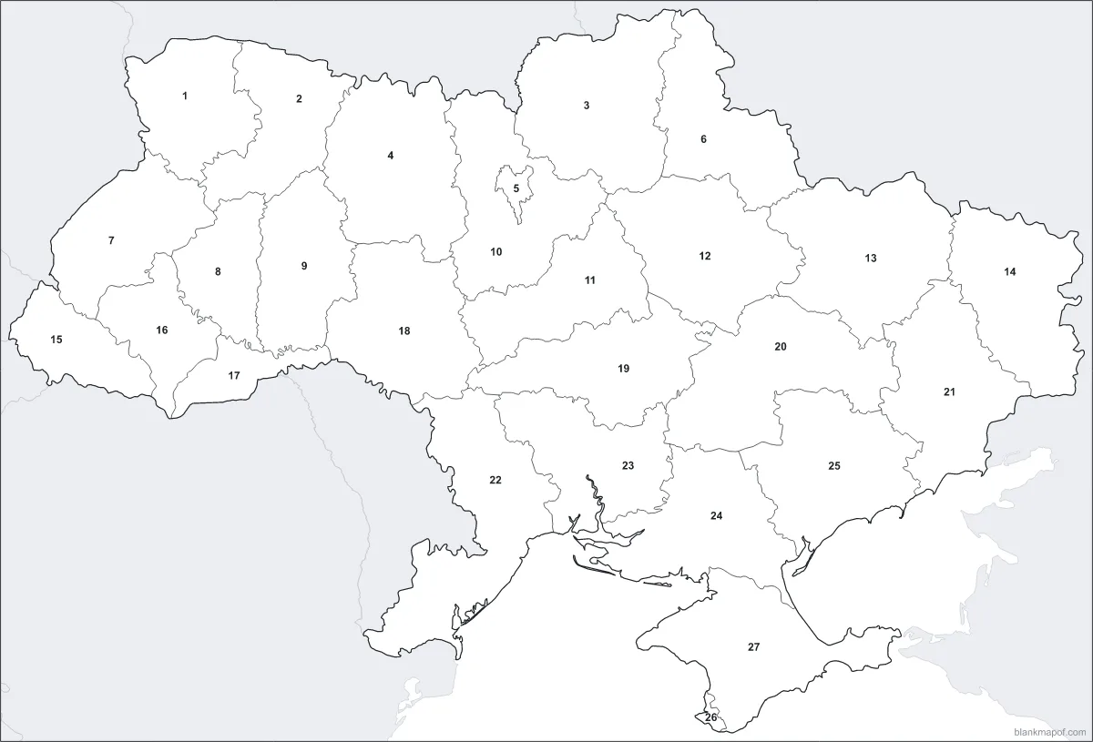 Blank map of Ukraine, numbered