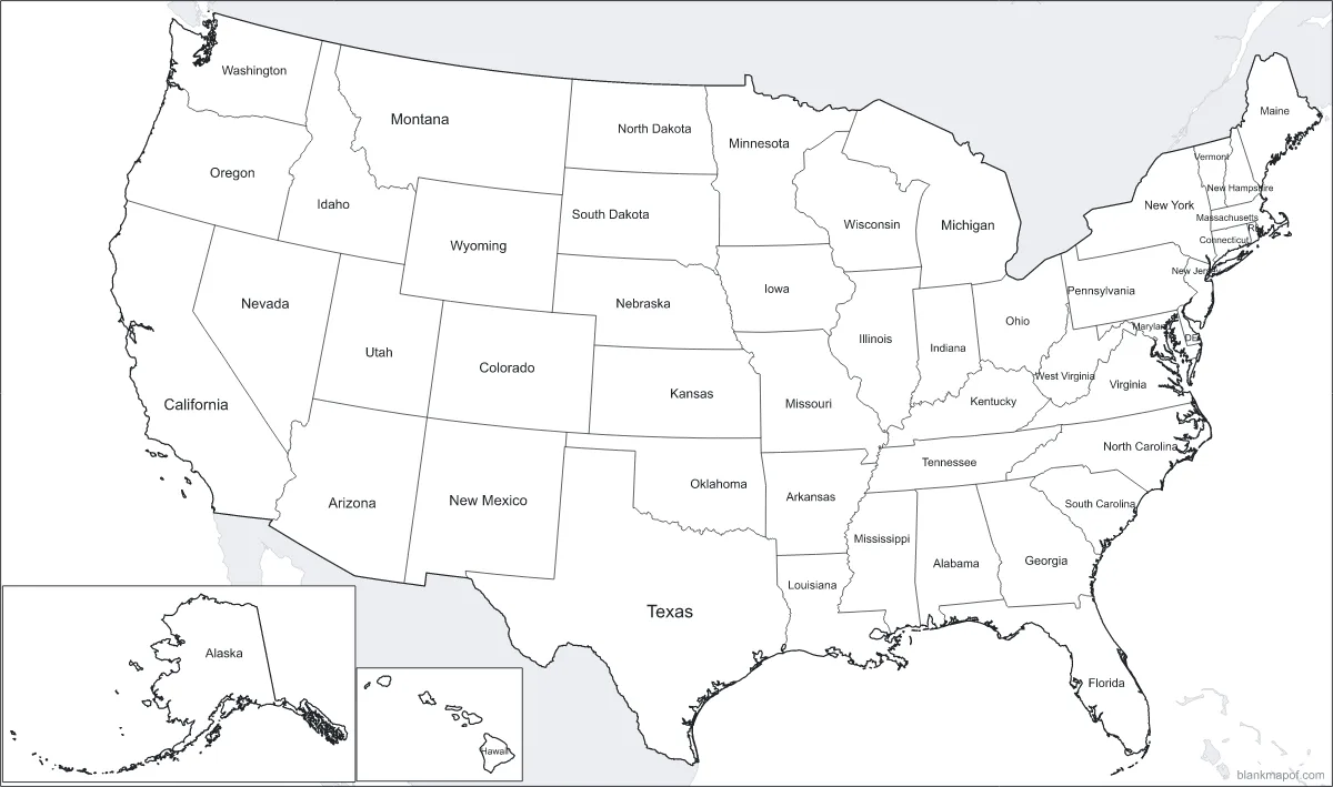 Blank map of the United States, labeled