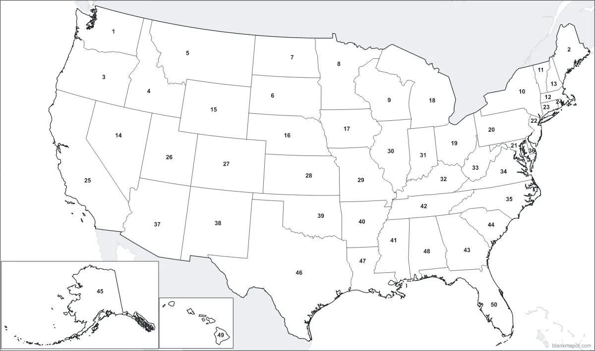 Blank map of the United States, numbered