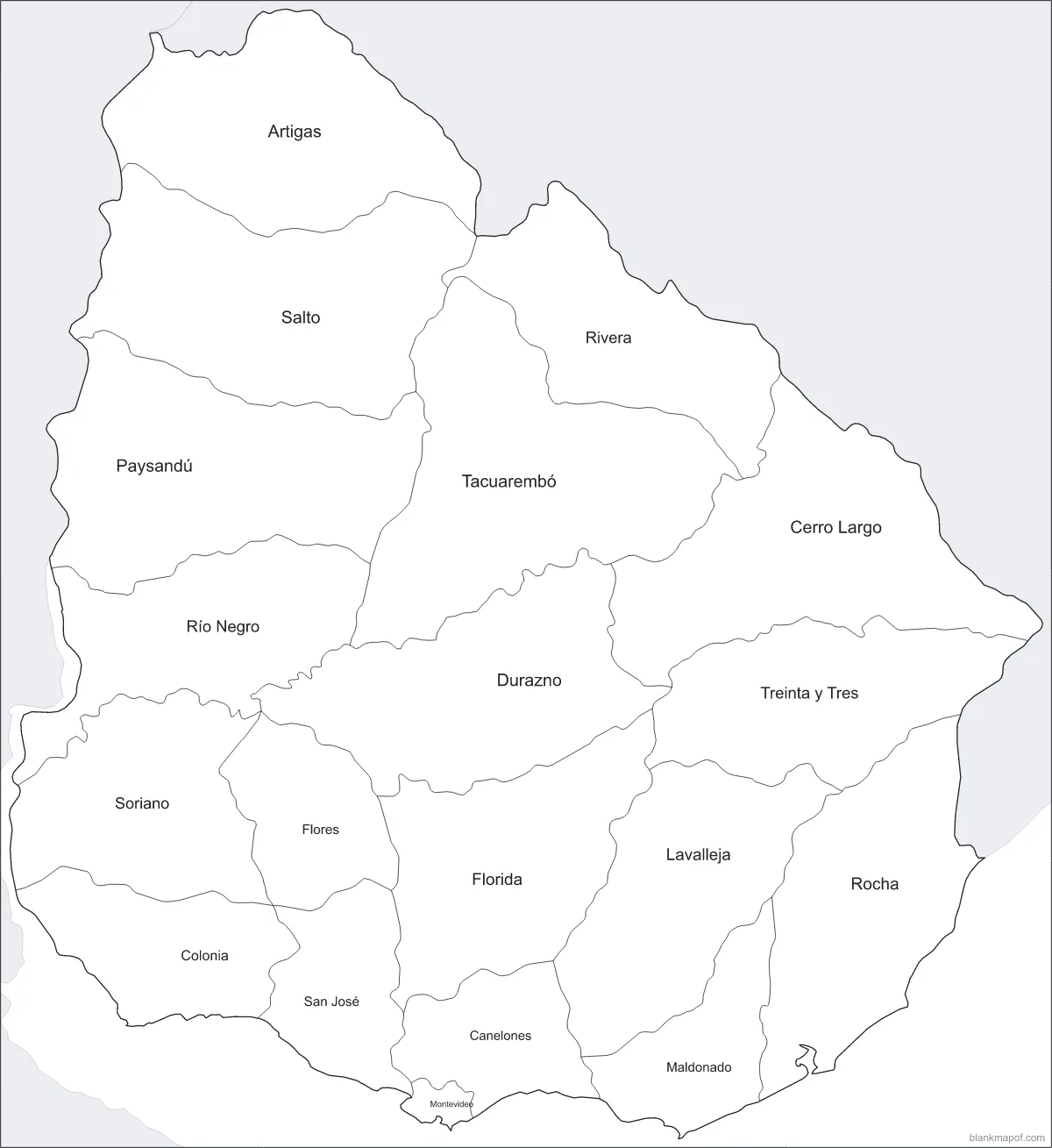 Blank map of Uruguay, labeled