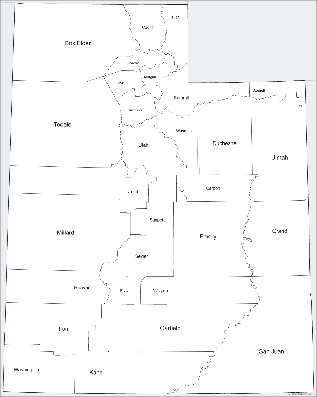 Blank map of Utah, labeled