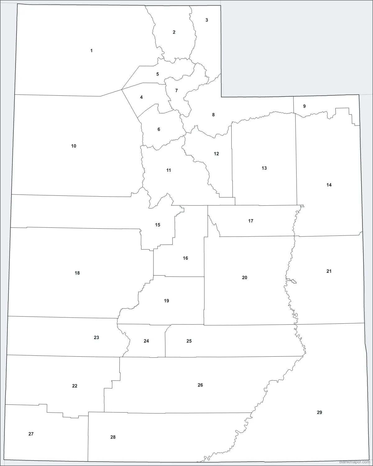 Blank map of Utah, numbered