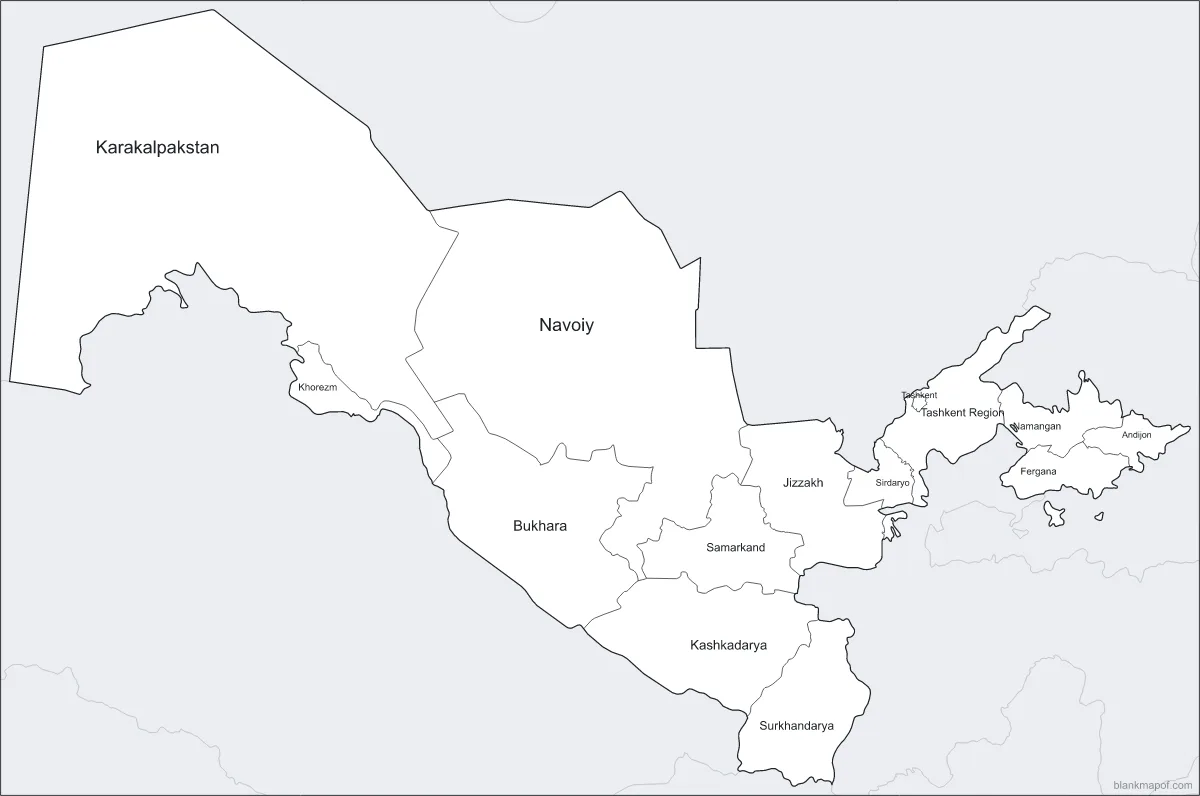 Blank map of Uzbekistan, labeled