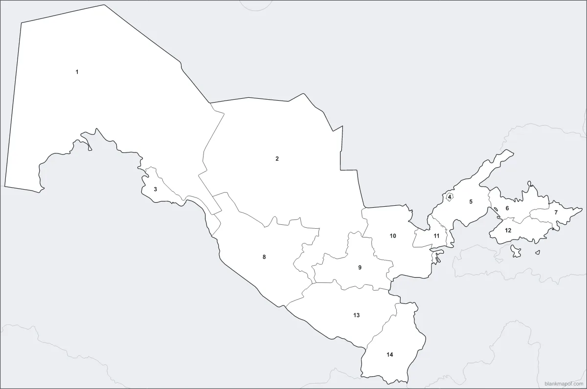 Blank map of Uzbekistan, numbered