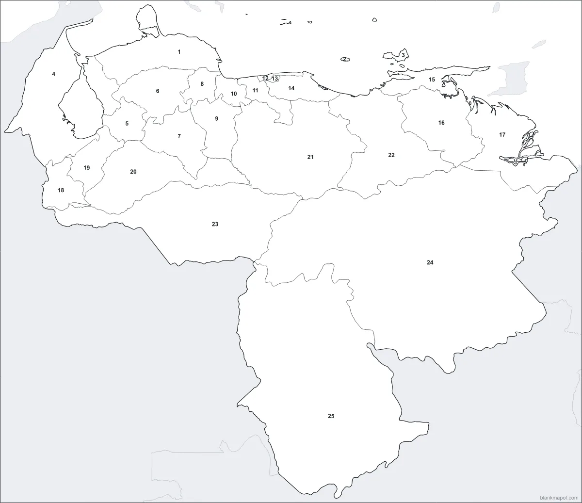 Blank map of Venezuela, numbered