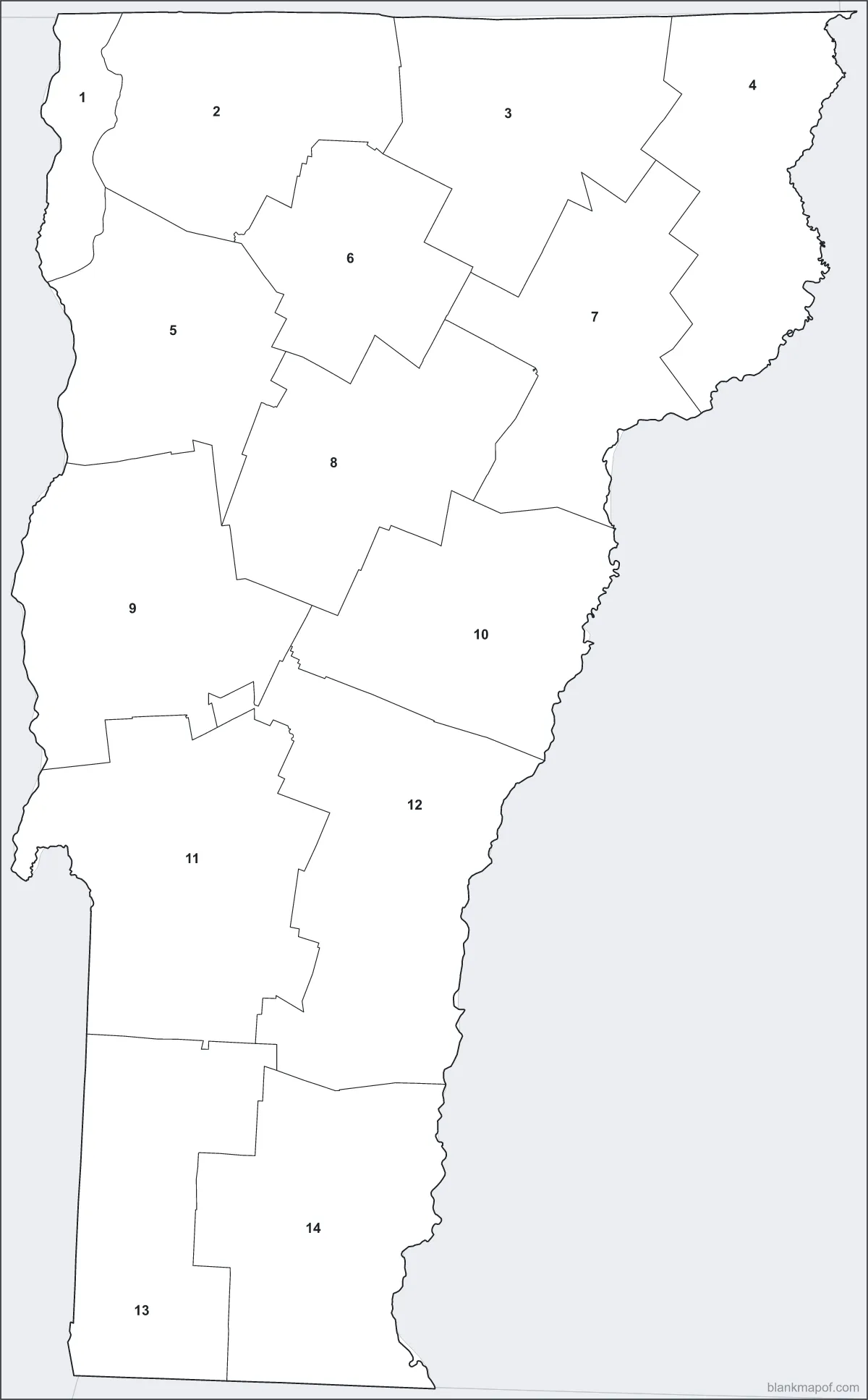 Blank map of Vermont, numbered
