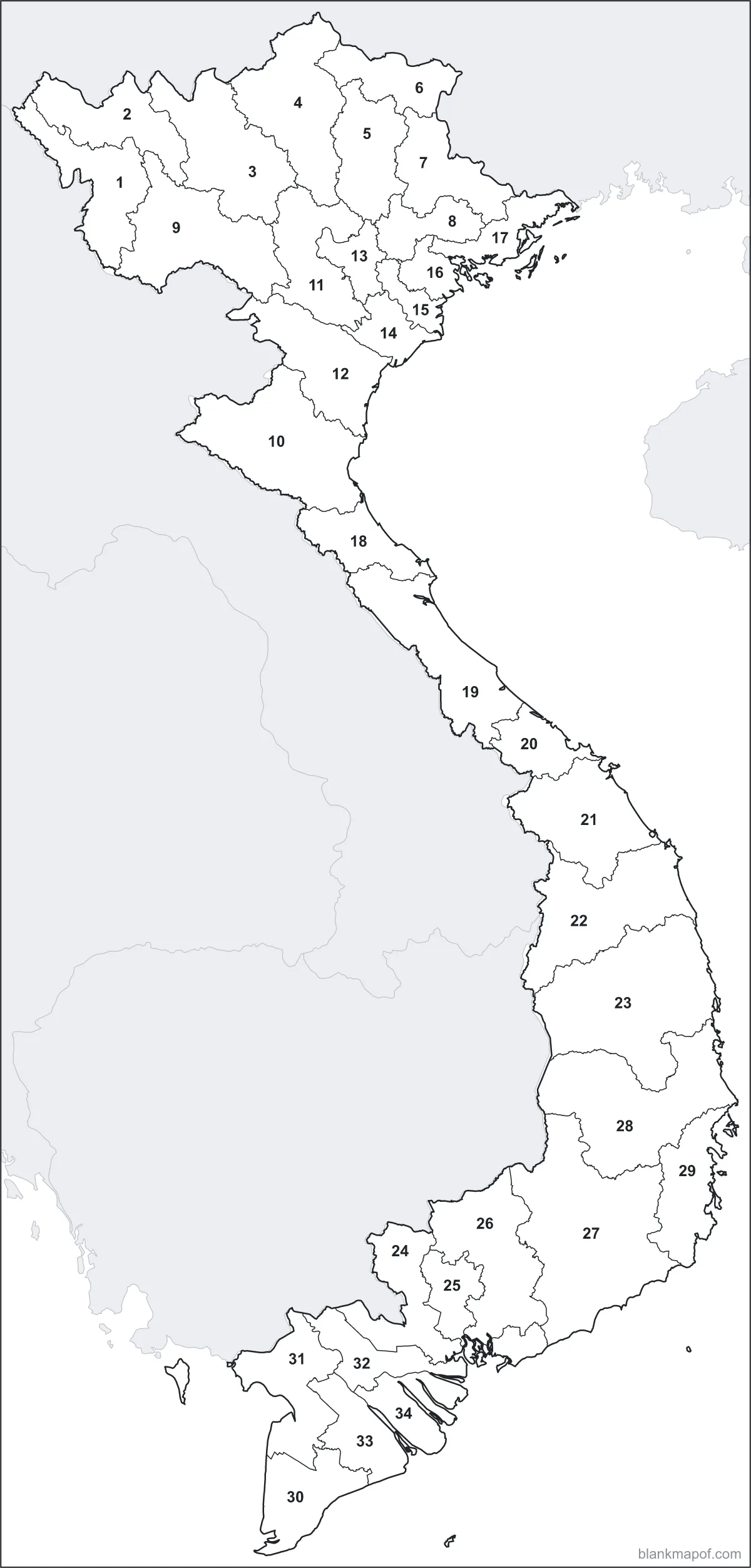 Blank map of Vietnam, numbered