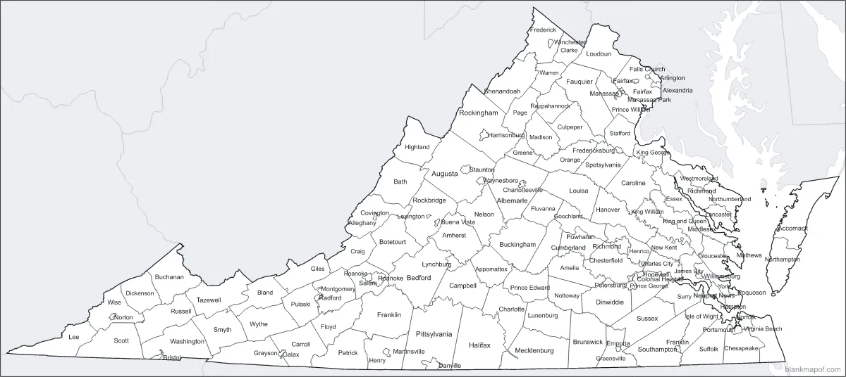 Blank map of Virginia, labeled