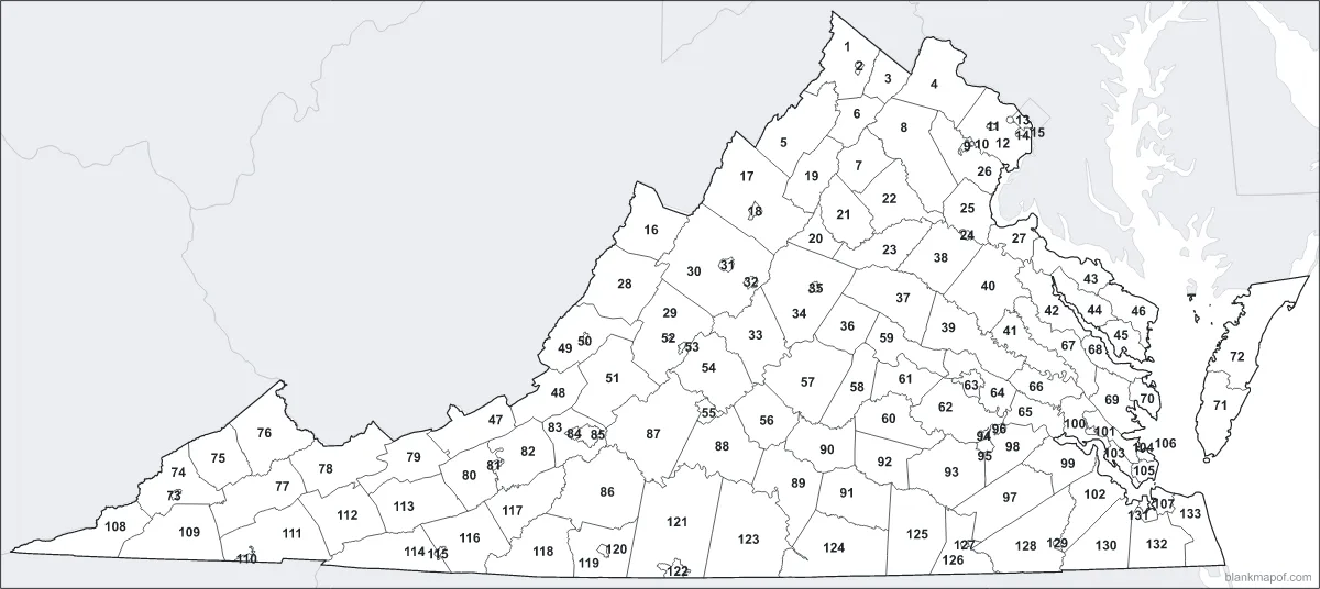 Blank map of Virginia, numbered