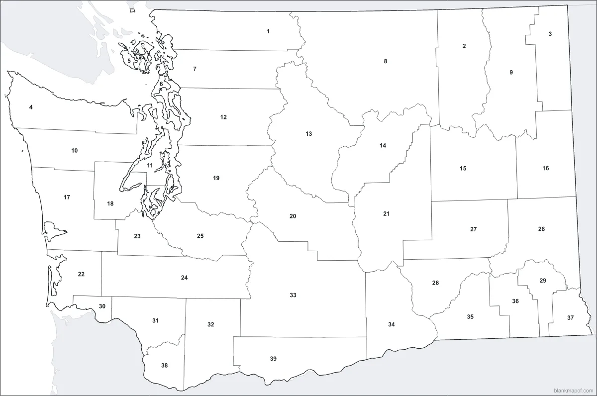 Blank map of Washington, numbered