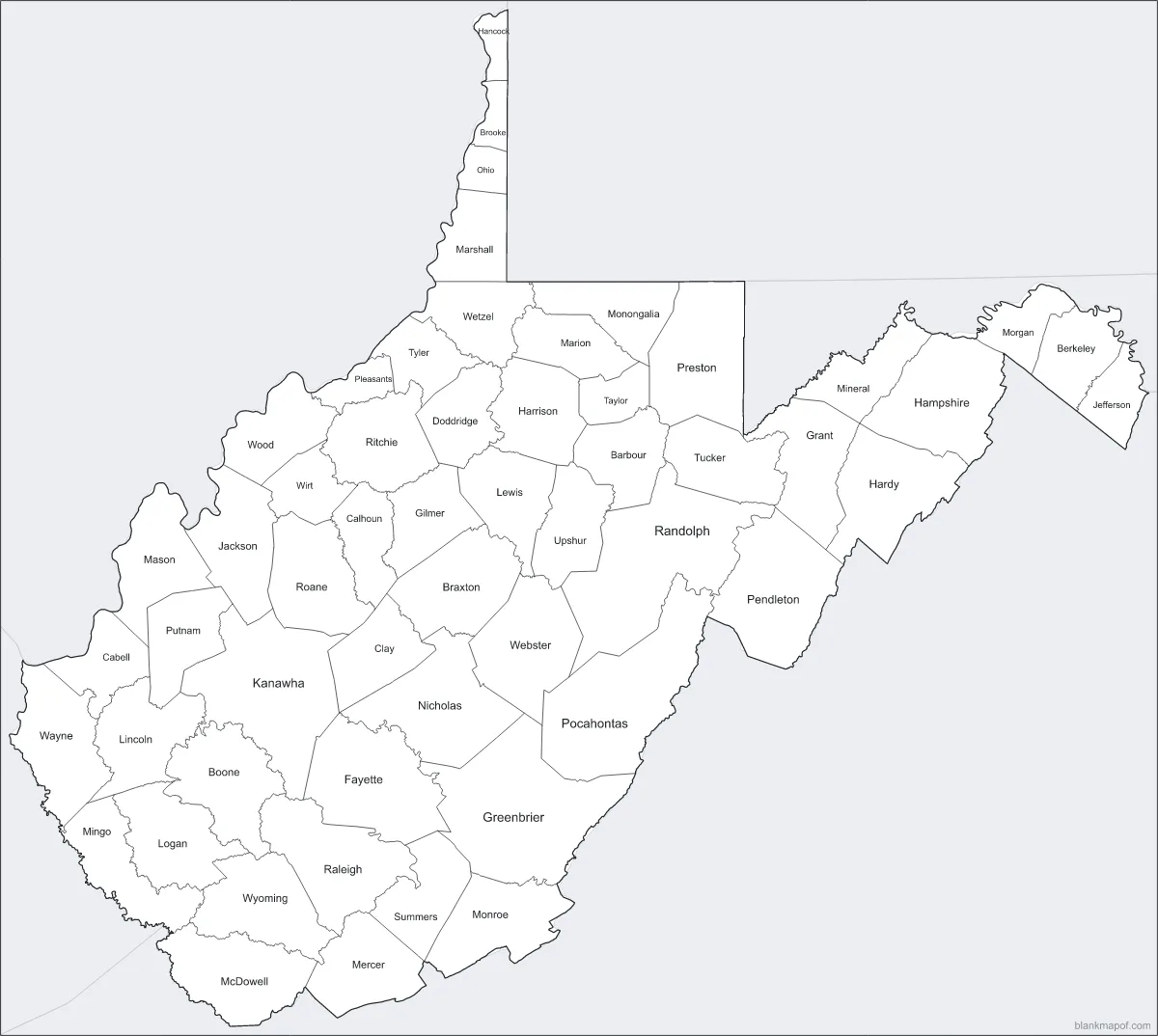 Blank map of West Virginia, labeled