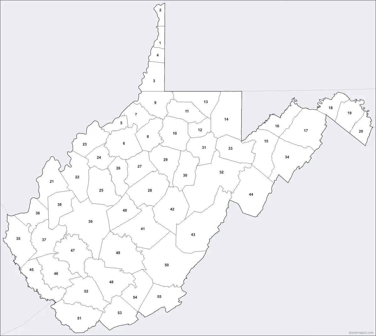 Blank map of West Virginia, numbered
