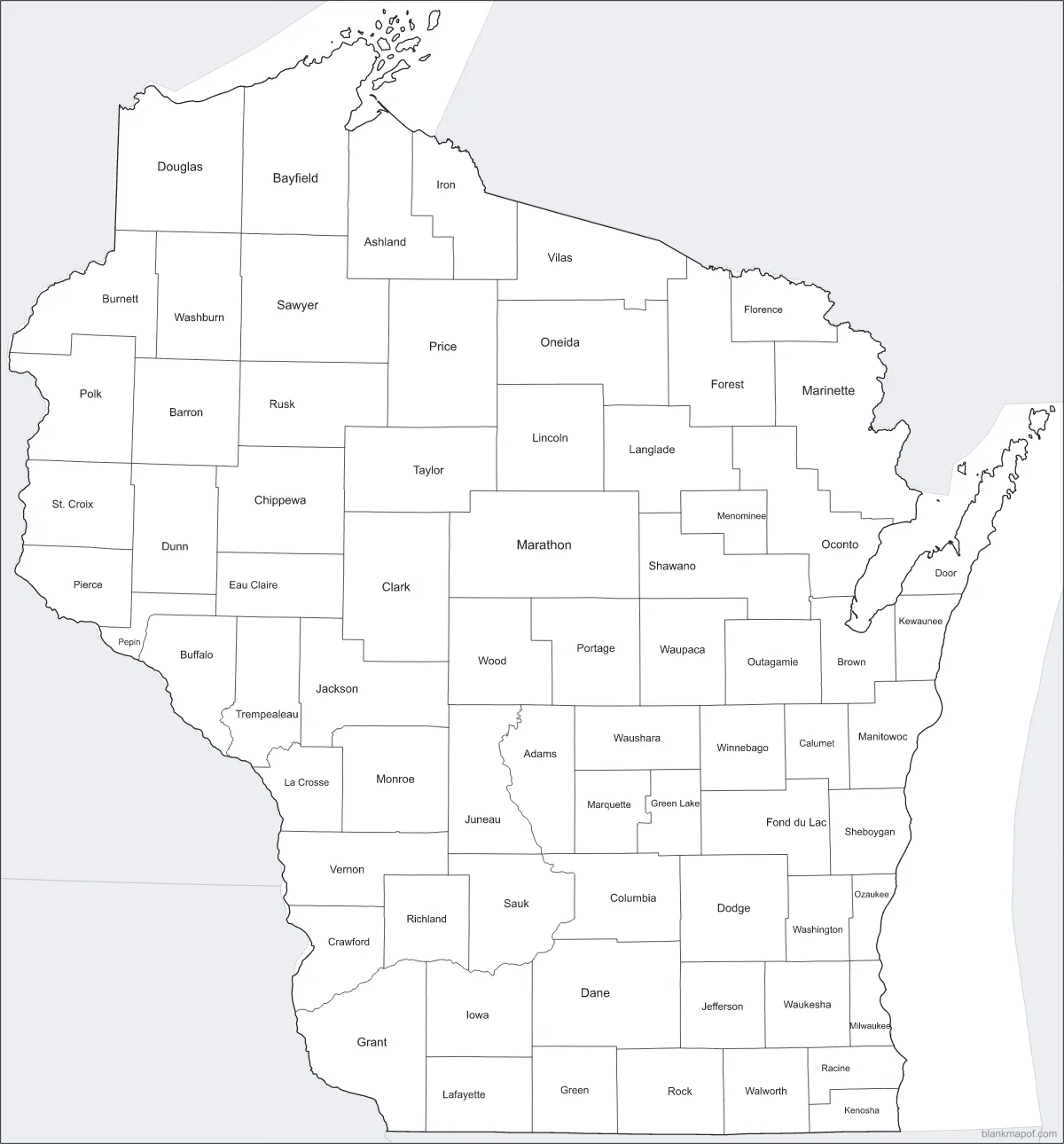 Blank map of Wisconsin, labeled