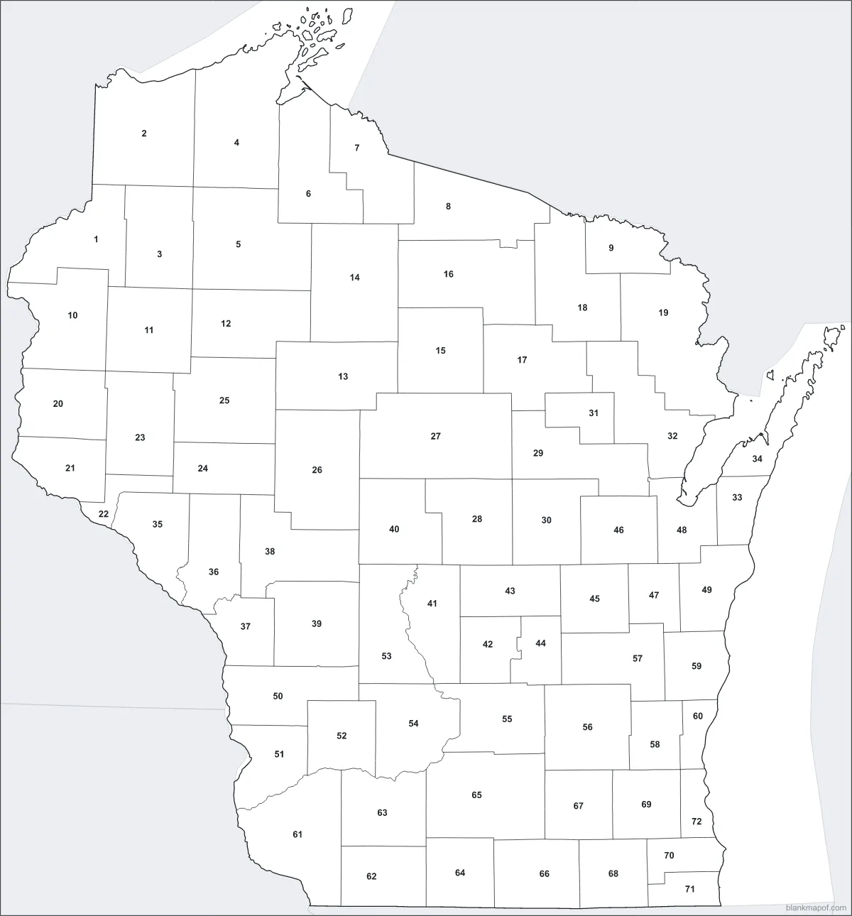 Blank map of Wisconsin, numbered
