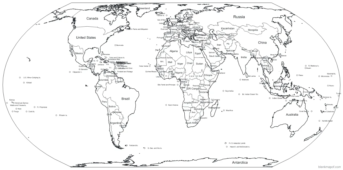 Blank map of the World, labeled