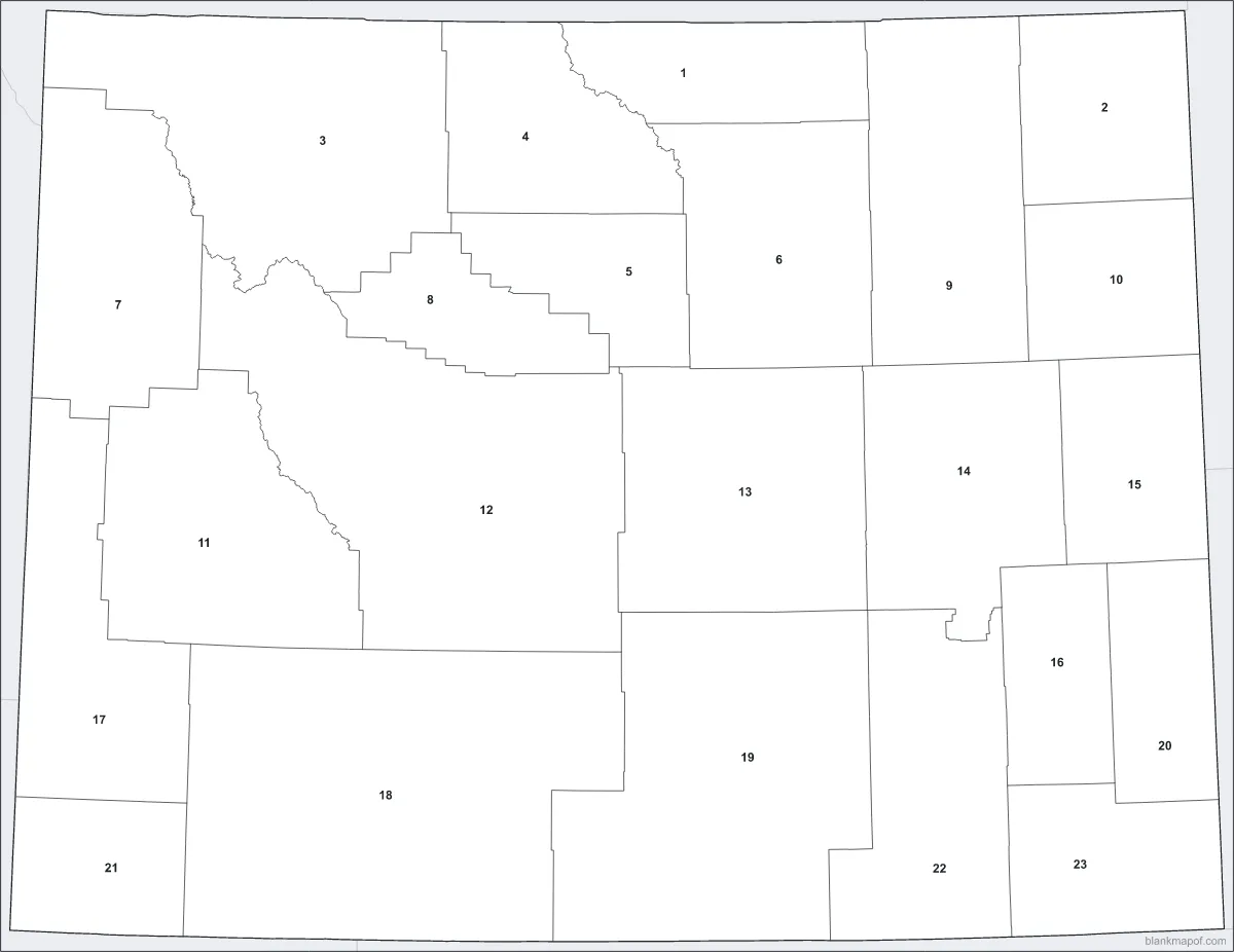 Blank map of Wyoming, numbered