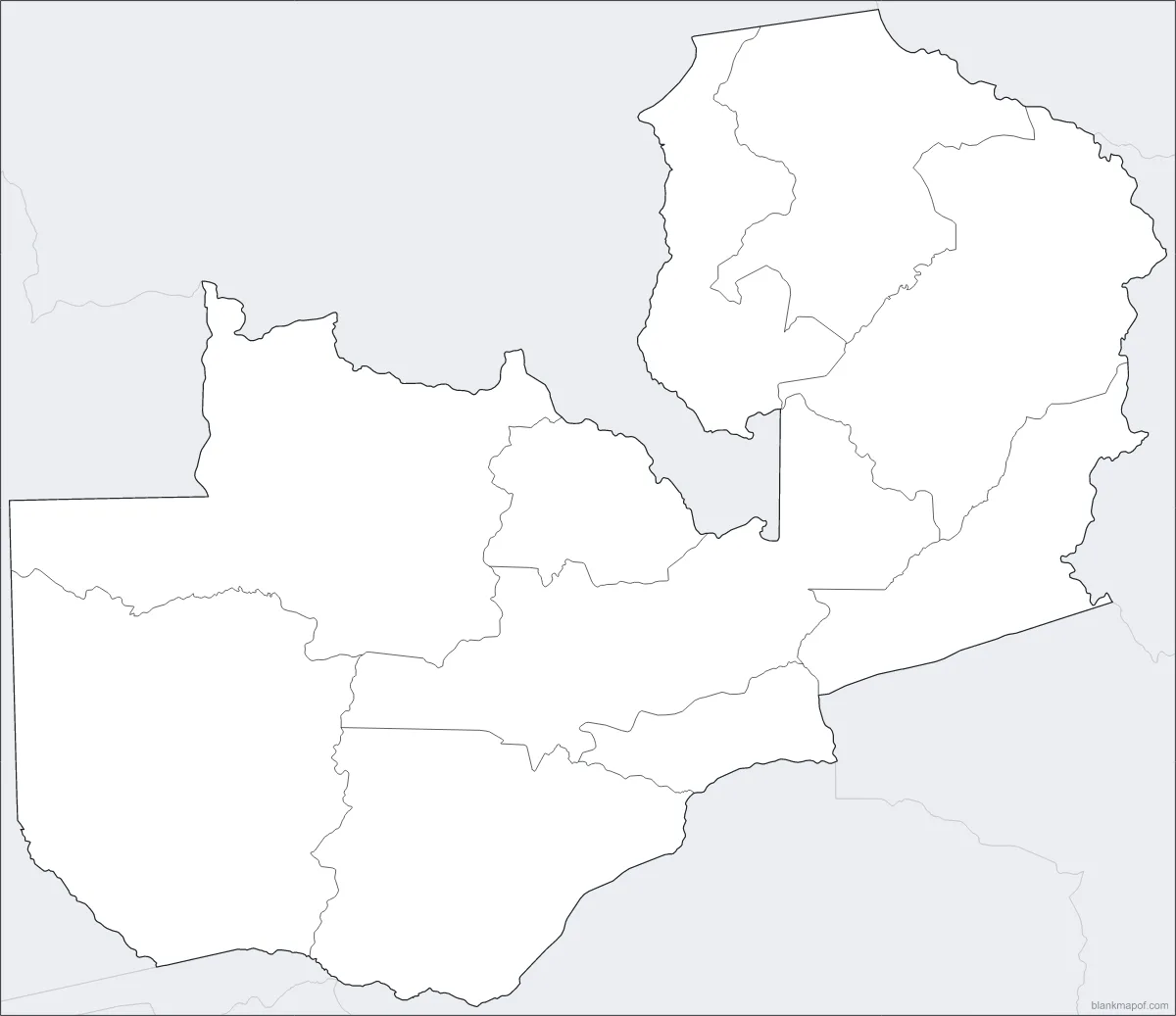 Blank map of Zambia, with borders