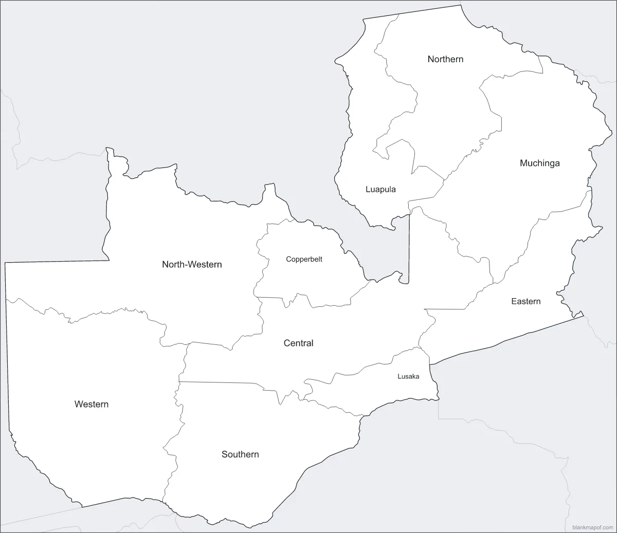 Blank map of Zambia, labeled
