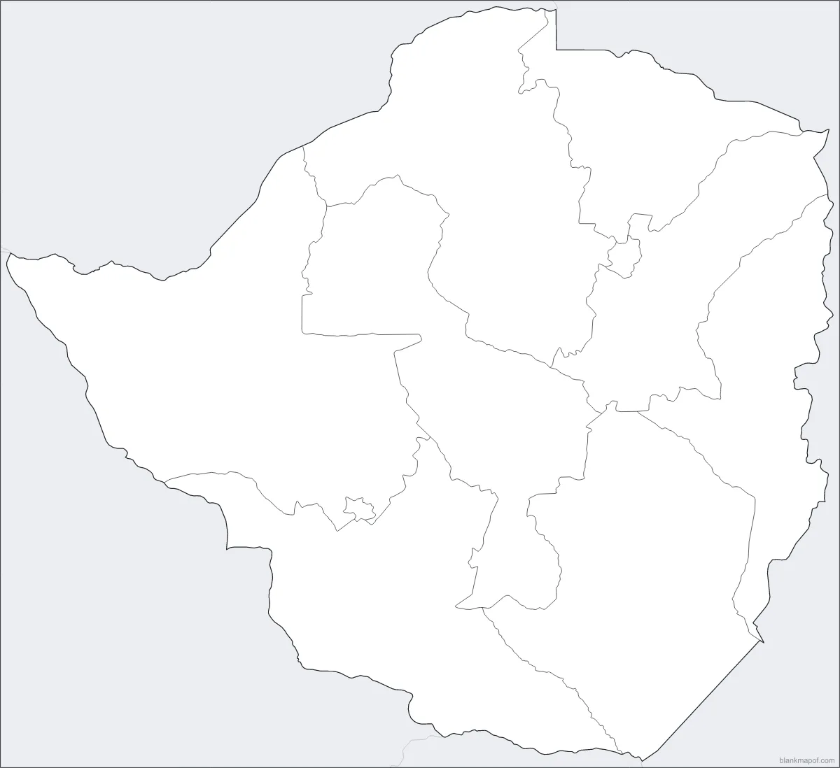 Blank map of Zimbabwe, with borders