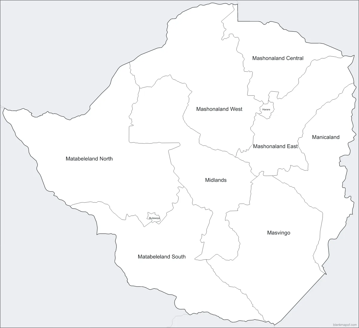 Blank map of Zimbabwe, labeled