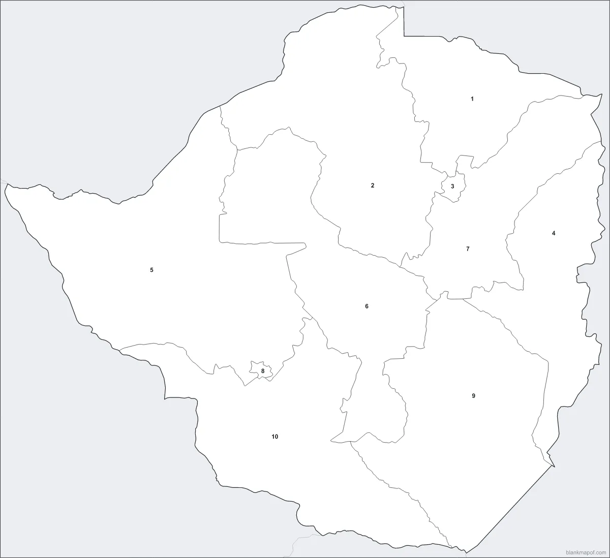 Blank map of Zimbabwe, numbered